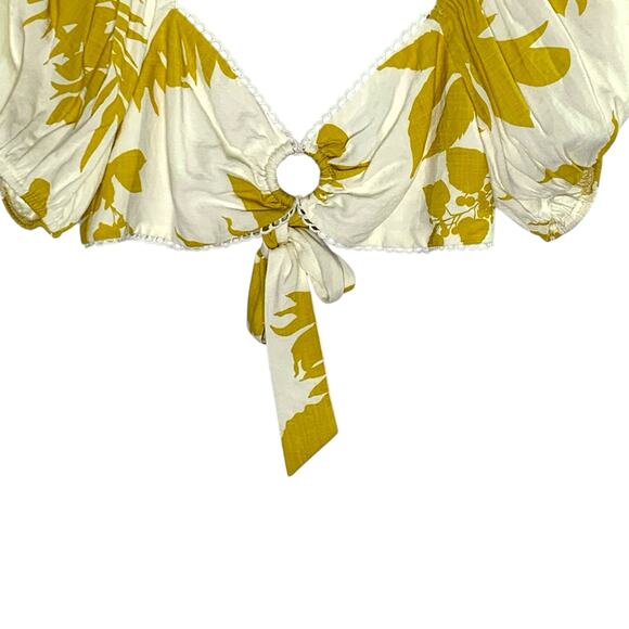 Saints + Secrets M Mustard Yellow Floral Crop Top Puff Sleeves Travel Tropical - Picture 5 of 8